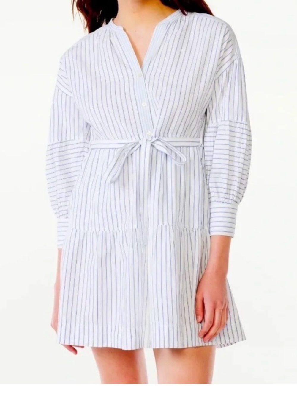 Free Assembly Light Blue Tiered Pinstripe Tie-Waist Shirt Dress